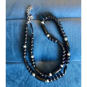 Chico's Long Beaded Necklace Black & Silver Adjustable Length Lobster Claw Close
